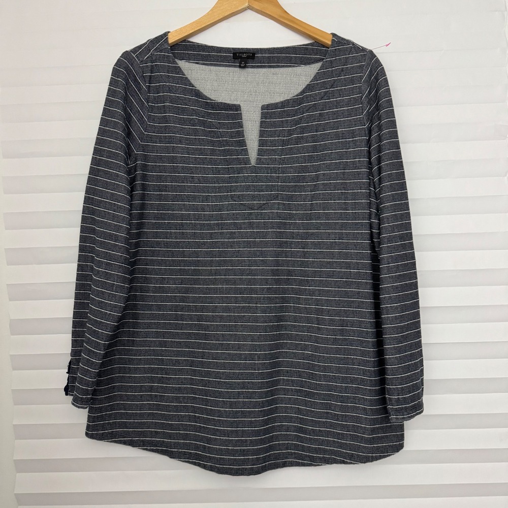 Talbots Woman Navy White Striped Split Neck Long Sleeve Top Plus Size‎ 1X Ruffle